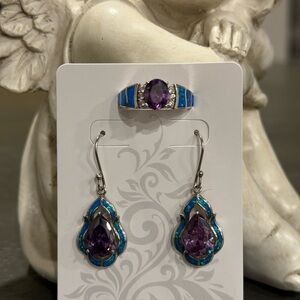 Sterling Silver Purple Amethyst Teardrop Earrings and Ring Set with Blue Inlay